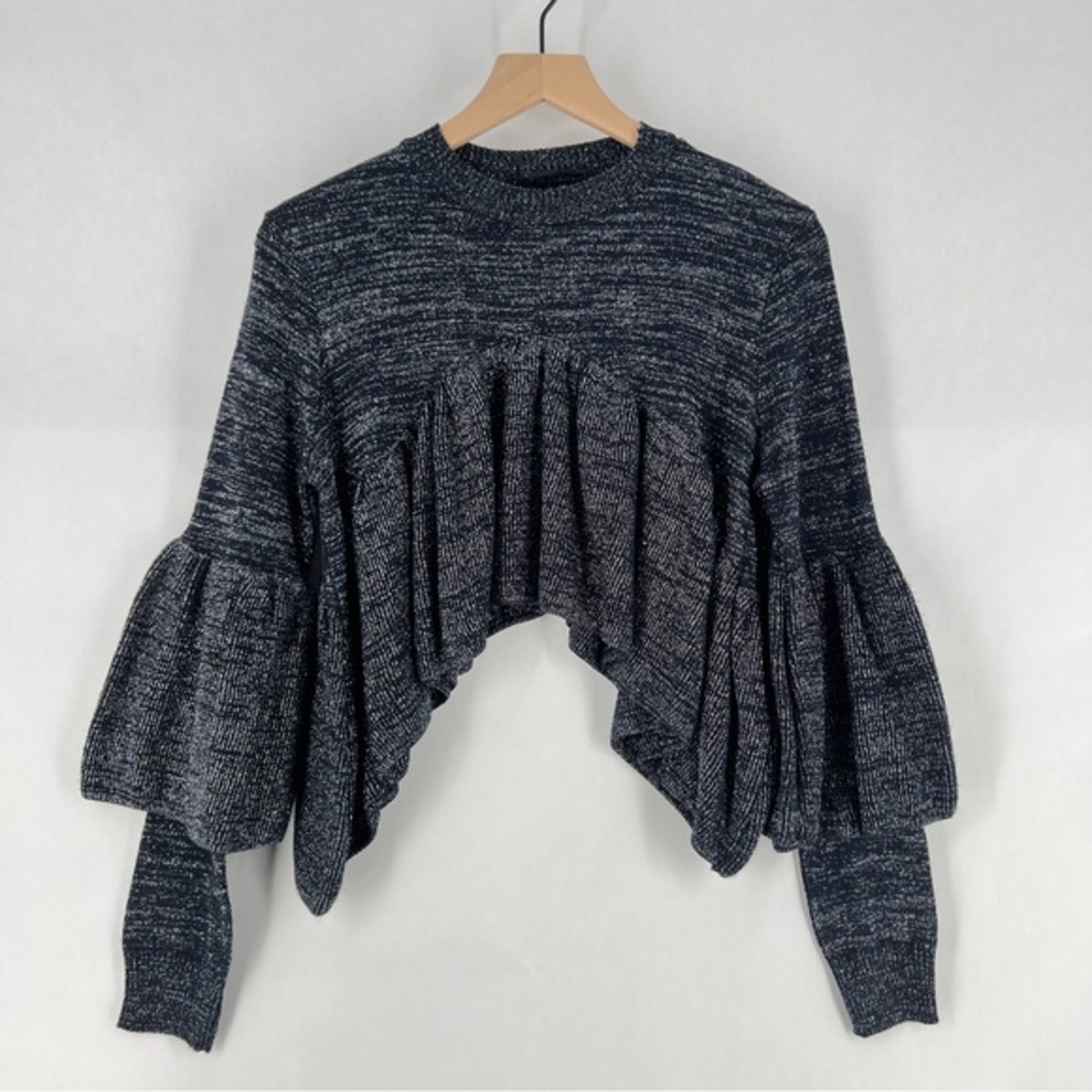 Lost Ink Metallic‎ Ruffled Shark Bite Crop Bell Sleeve Pleated Babydoll Sweater